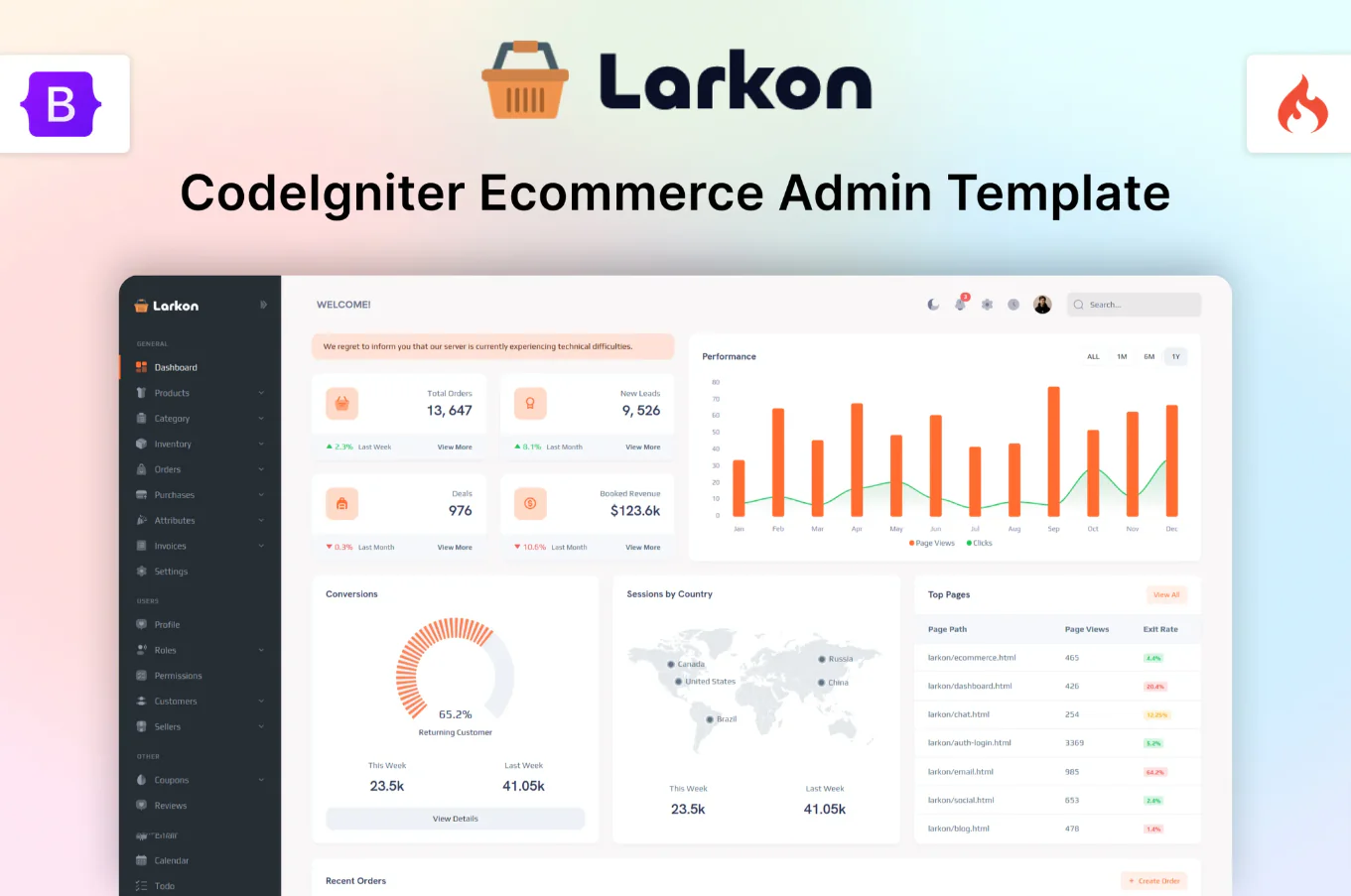 Larkon - Codeigniter Ecommerce Management Admin